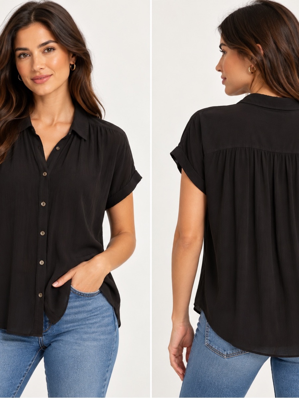 Madewell Black Drapey Button Front Short Sleeve Blouse Size M